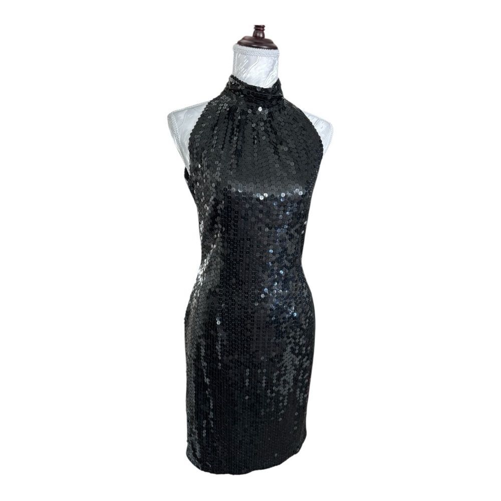 Vintage Nite Line Black Sequin High Neck Cutout Back Evening Dress Size 8